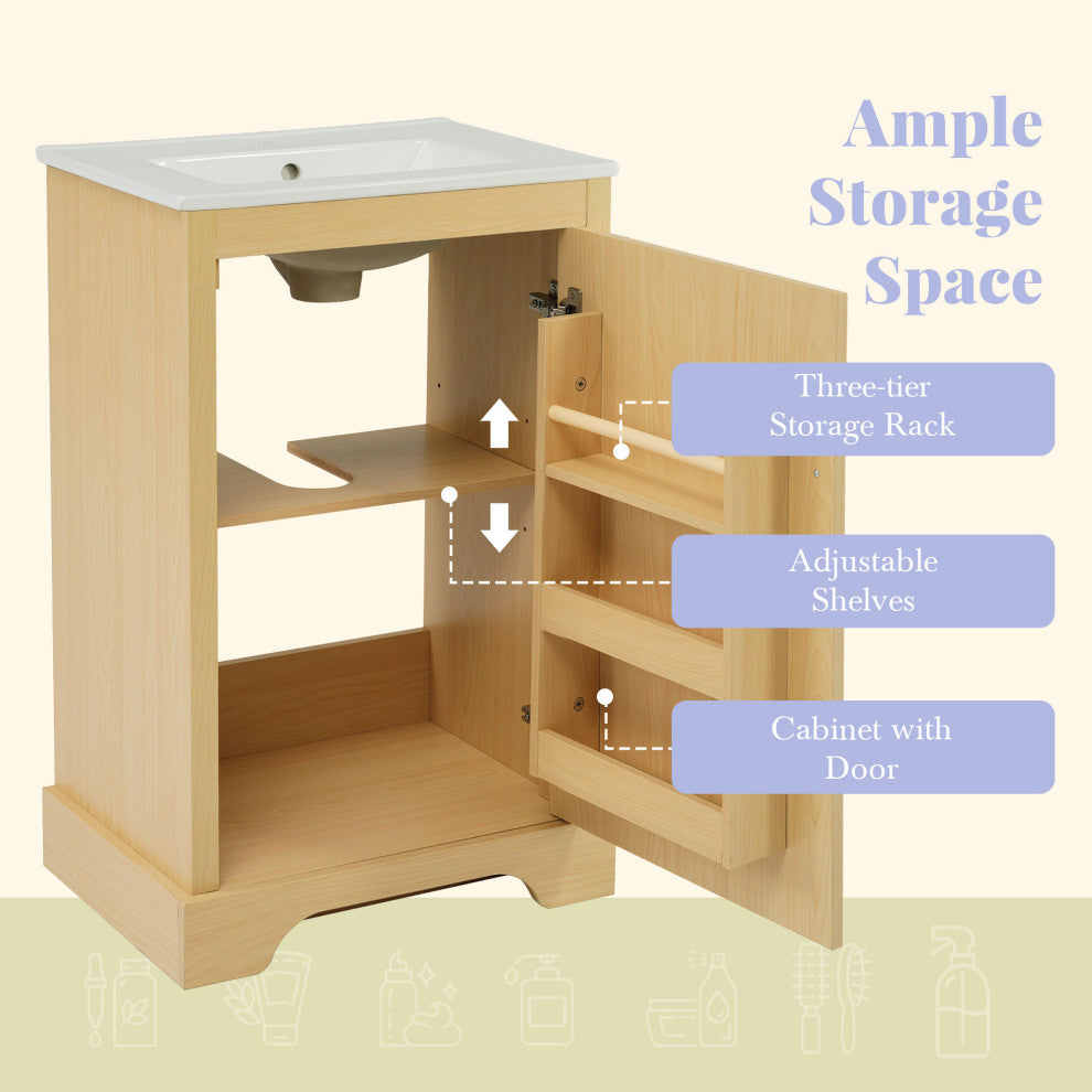 GDF Studio 20"W Storage Bathroom Vanity With Ceramic Sink, Natural
