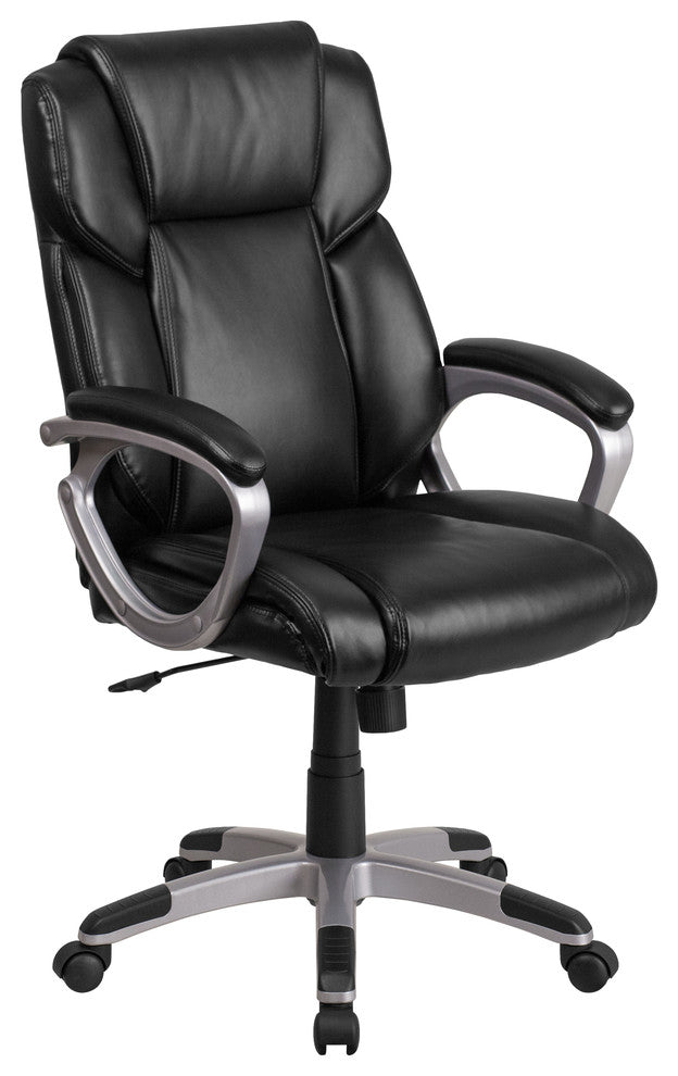 Mid-Back Black Leather Executive Swivel Chair With Padded Arms