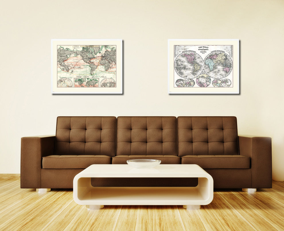 World Ocean Currents Old Map Print On Canvas With Frame Art Collection 16" X 21"