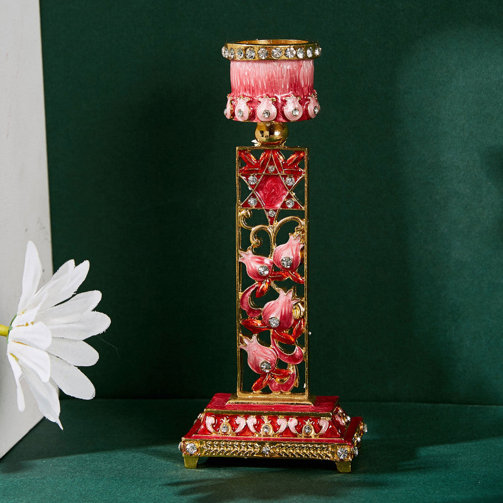 Matashi Shabbat Candlestick Holder (2-Piece Set) Hand-Painted,  Pewter(Red)