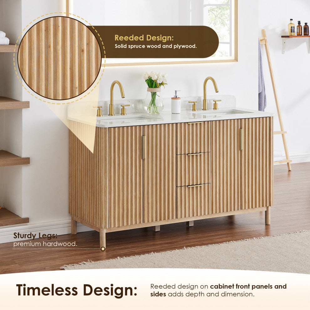 Sierra Bathroom Vanity, Washed Light Brown, 60inch, Without Mirror