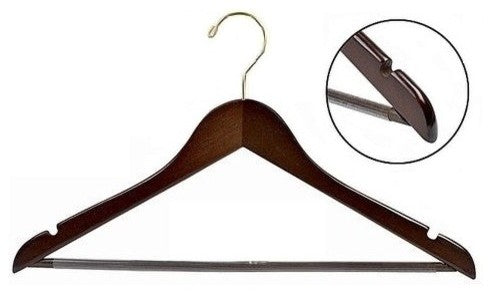 Flat Wooden Suit Hanger With Non-Slip Bar, Walnut and Brass, Set of 25
