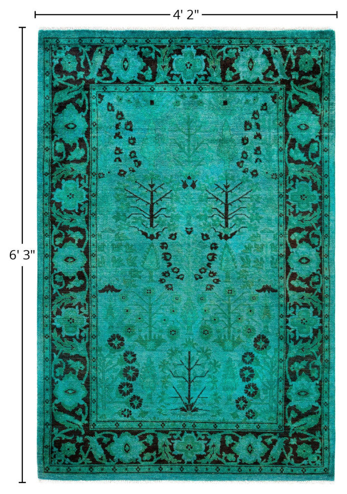 Overdyed One-of-a-Kind Hand-Knotted Area Rug Green, 4' 2" x 6' 3"