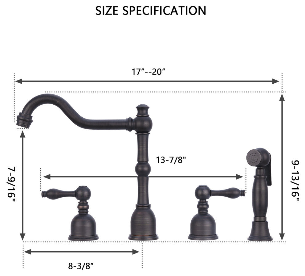 Two-Handles Copper Widespread Kitchen Faucet with Side Sprayer, Oil Rubbed Bronze