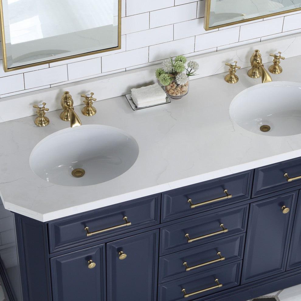 Palace 60" White Quartz Countertop Double Vanity, Blue, F2-0013 Faucets