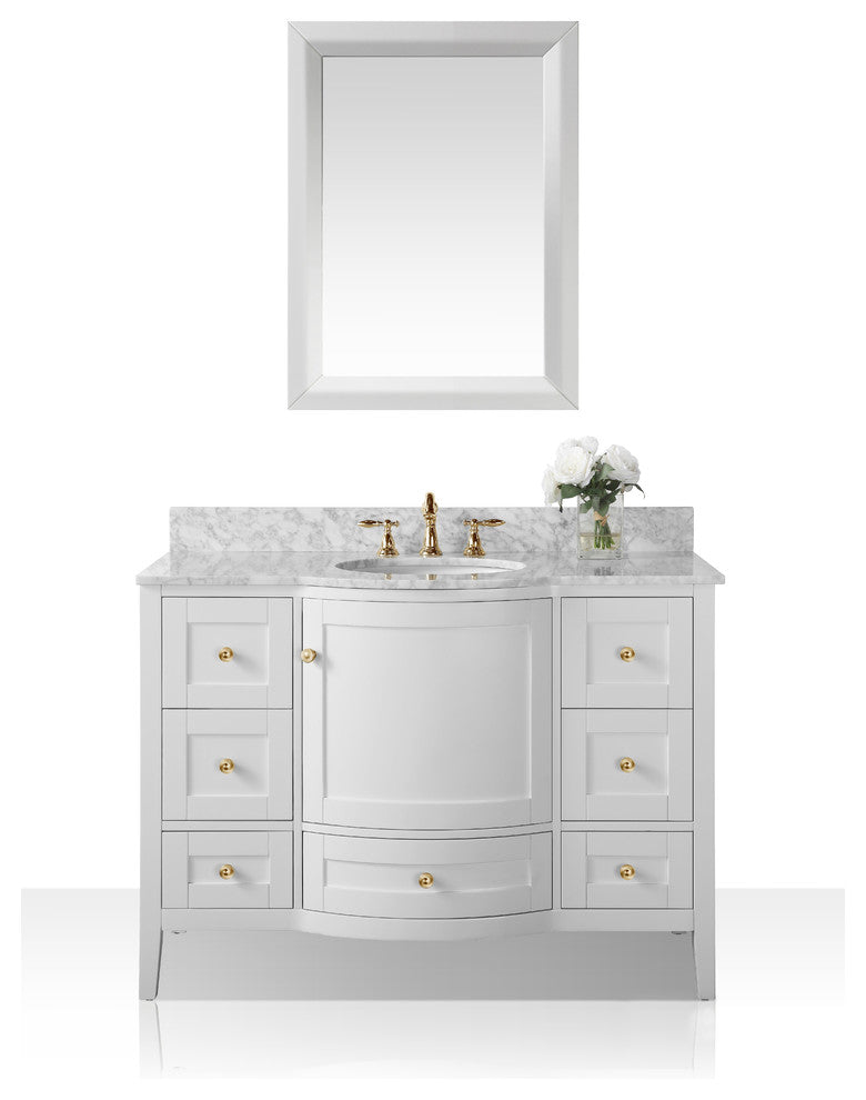 Lauren 48" Vanity Set, White, 48", Gold Hardware, Cararra White Marble Countertop and Mirror
