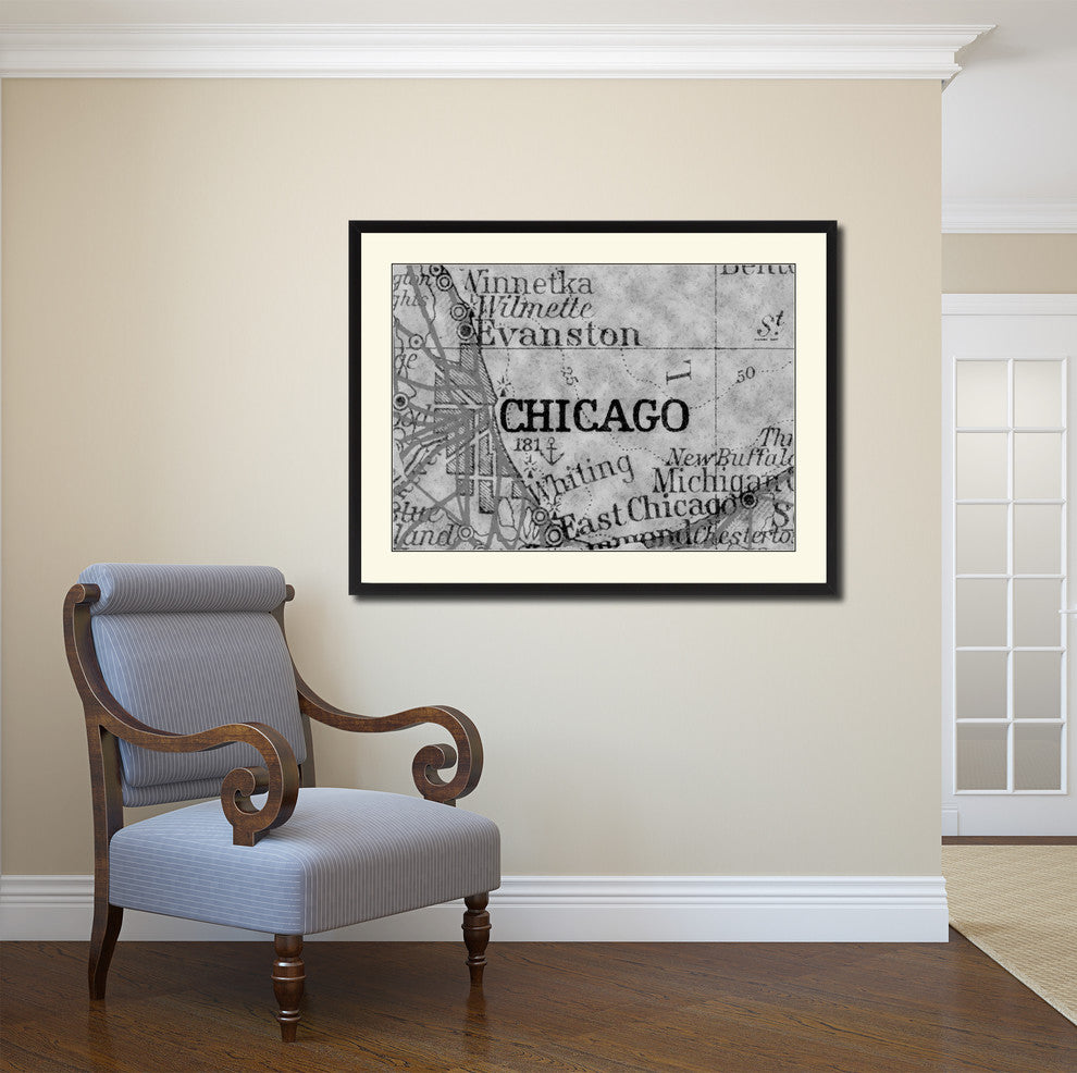 Chicago Illinois Vintage B&W Map Canvas Print, 28"x37"