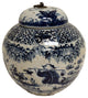 Vintage Style Blue and White Porcelain Lidded Ginger Jar Fisherman Motif 10"