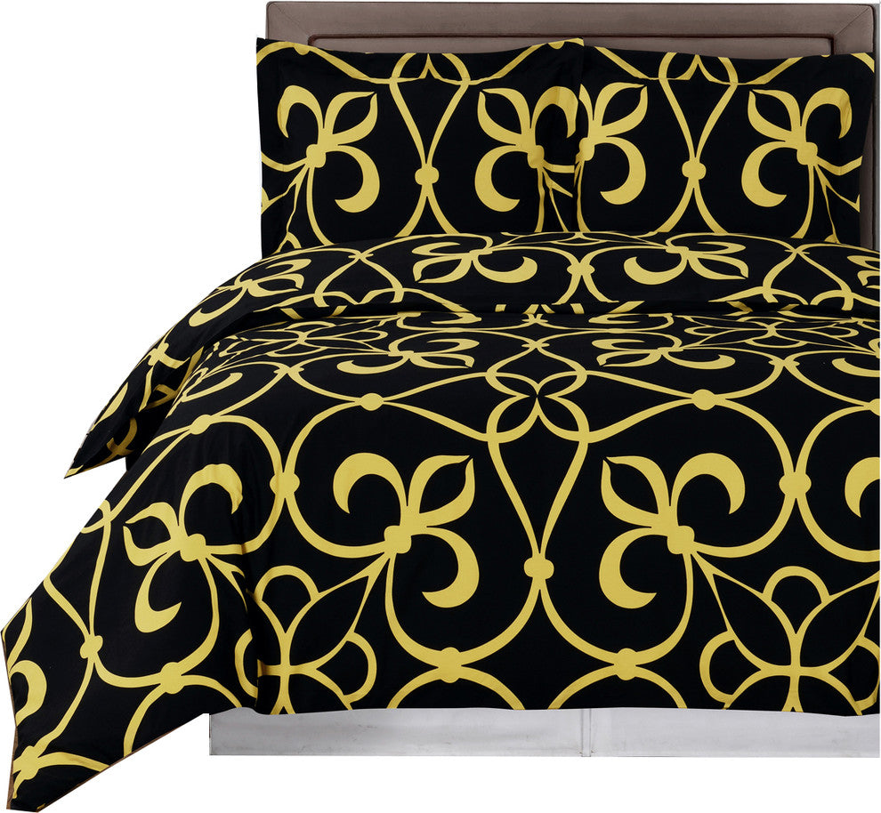Floral Victoria 100% Cotton Duvet Cover Set, Bronze and Black, King/Cal King
