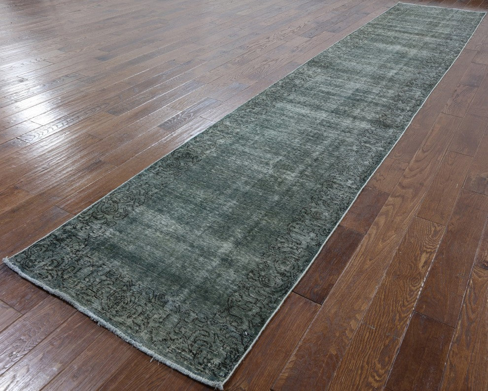 Light Green Overdyed 3'x16' Runner Floral Border Hand Knotted Wool Rug H9144