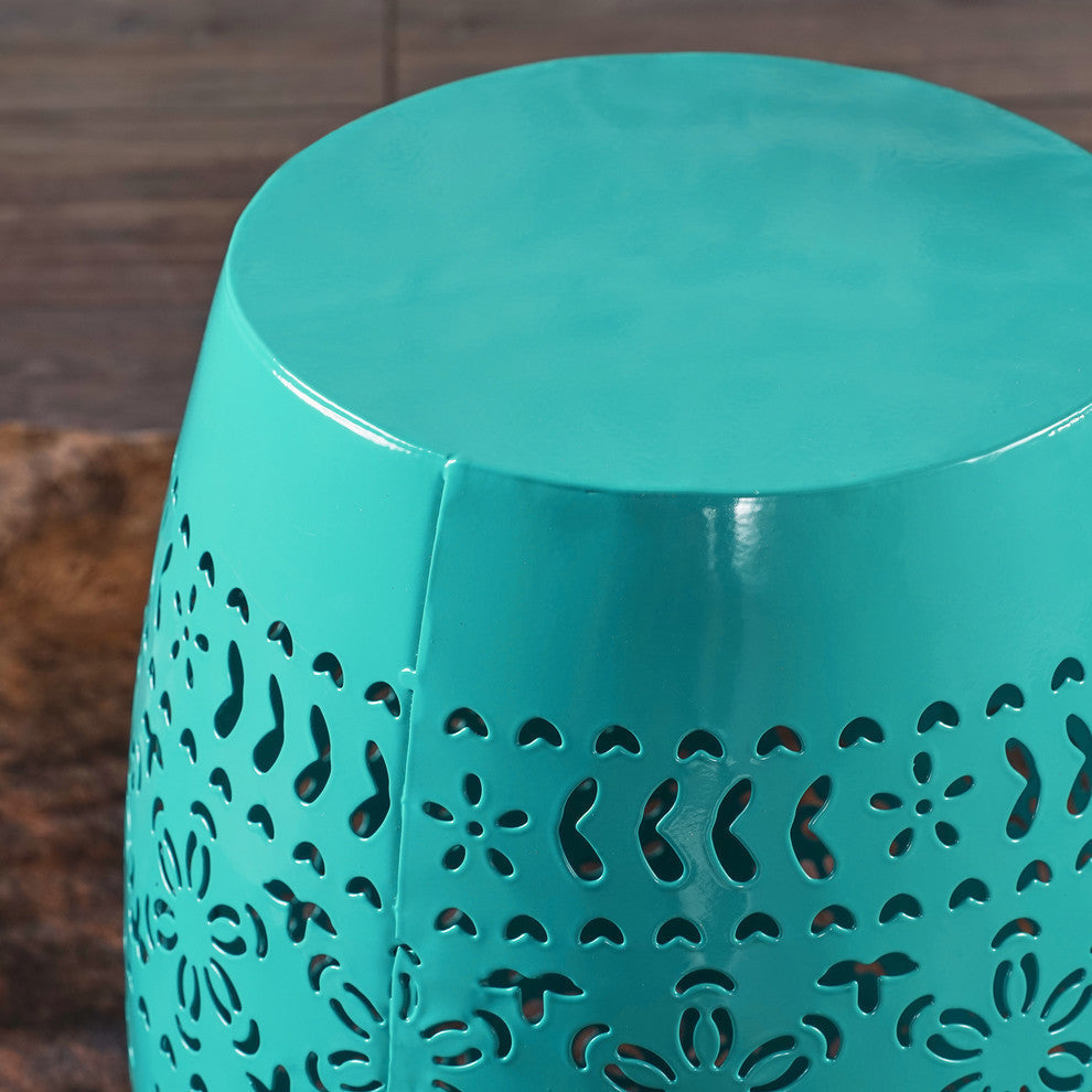 GDF Studio Apple Indoor 12" Lace Cut Iron Side Table, Teal