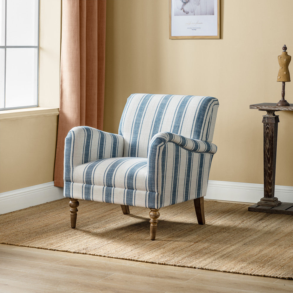 Mid-century Stripe Armchair With Wing Back, Navy