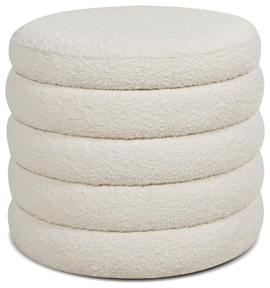 Fuji 22" Upholstered Boucle Round Storage Ottoman Ivory White