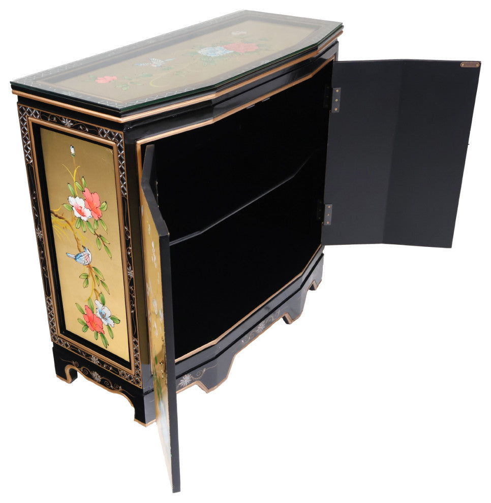 Slant Front Gold Leaf Hand-Painted Bird and Flower 2-Door Cabinet