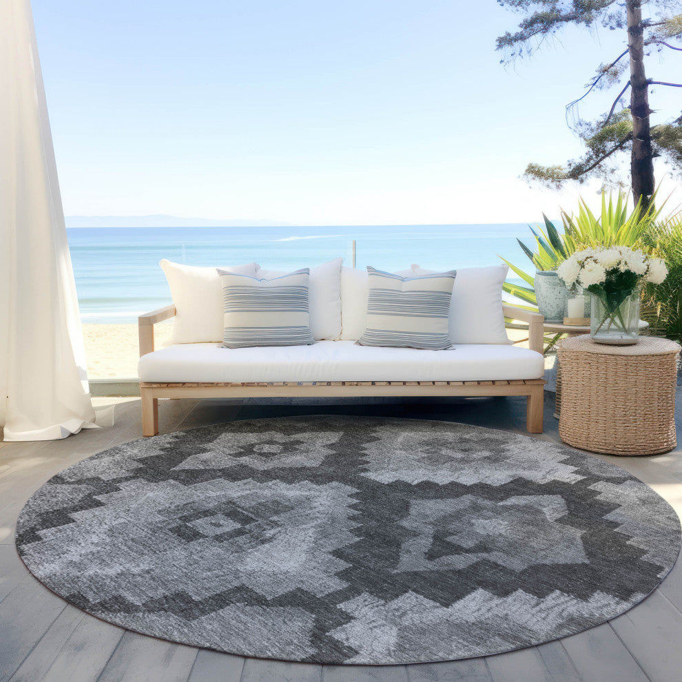 Machine Washable Indoor/Outdoor Chantille ACN1894 Gray 8' x 8' Round Rug