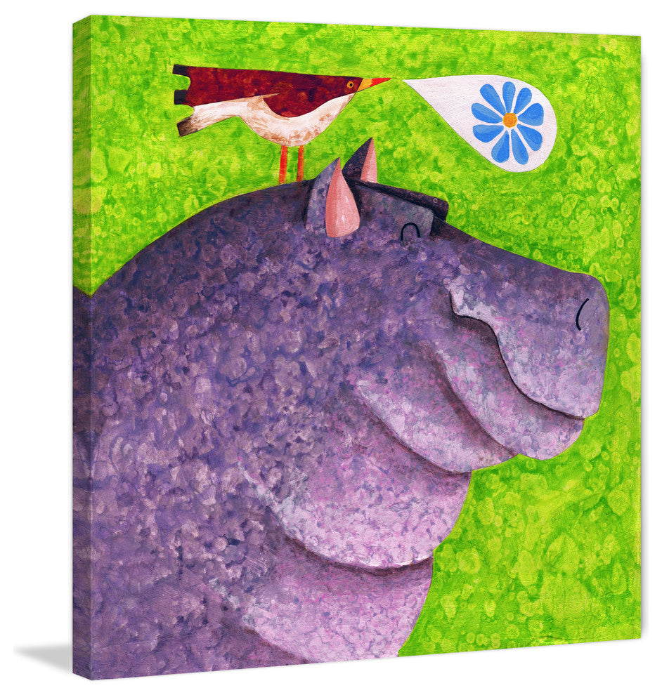 Marmont Hill, "Happy Happy Hippo" by Janet Nelson Print on Wrapped Canvas, 18x18
