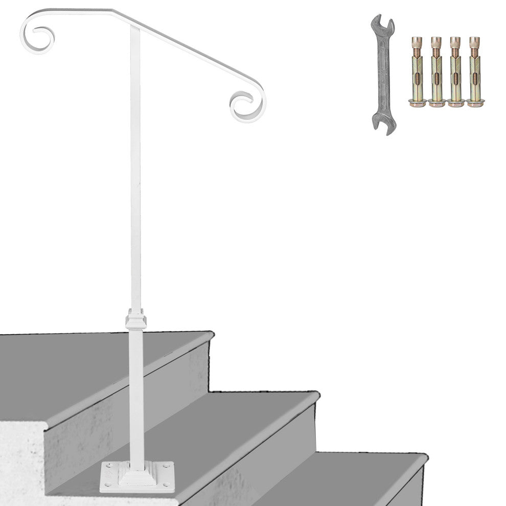 Single Post Handrail Wrought Iron Grab Supports Fits 1 or 2 Steps, White