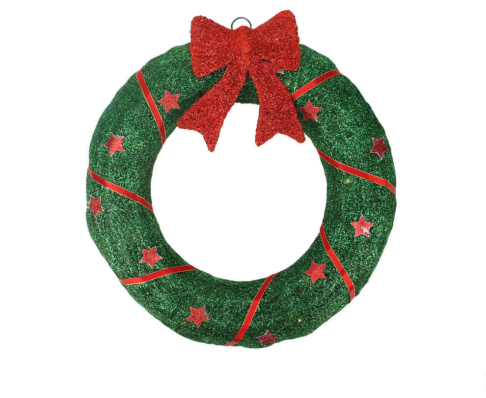 Lighted Outdoor Green Sisal Wreath With Bow, 46"