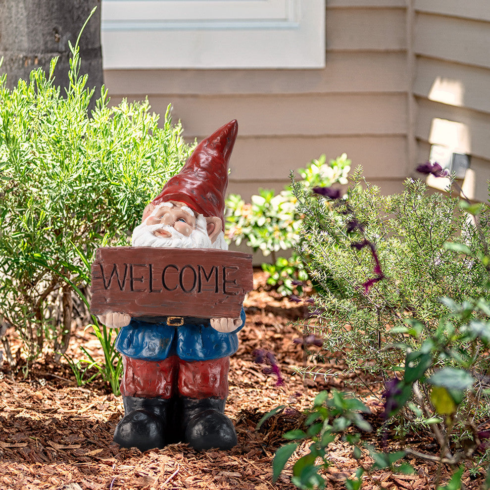 Alpine Welcome Sign Gnome Statue with Timer, 22"