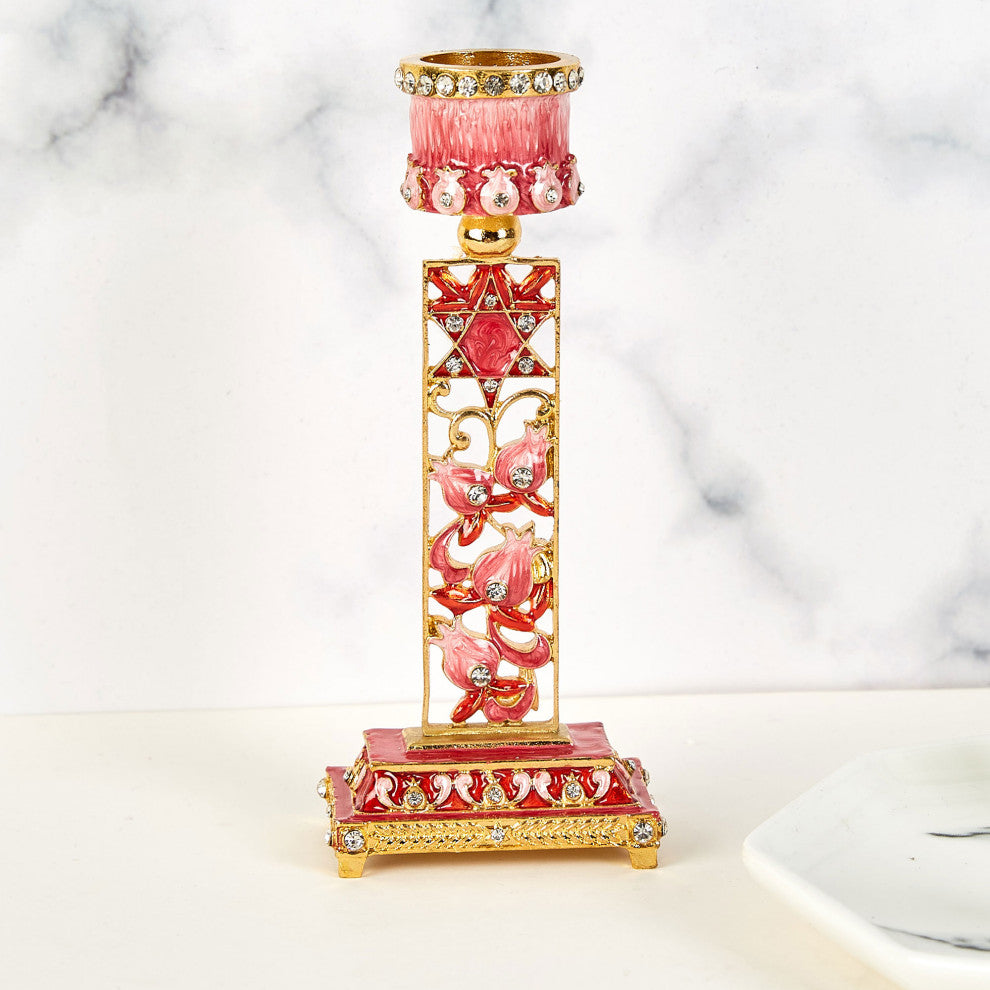 Matashi Shabbat Candlestick Holder (2-Piece Set) Hand-Painted,  Pewter(Red)