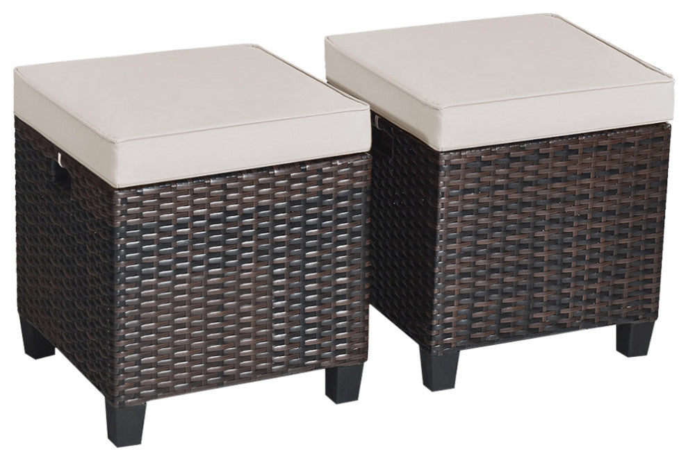 Costway 2PCS Patio Rattan Ottoman Cushioned Seat Foot Rest Coffee Table
