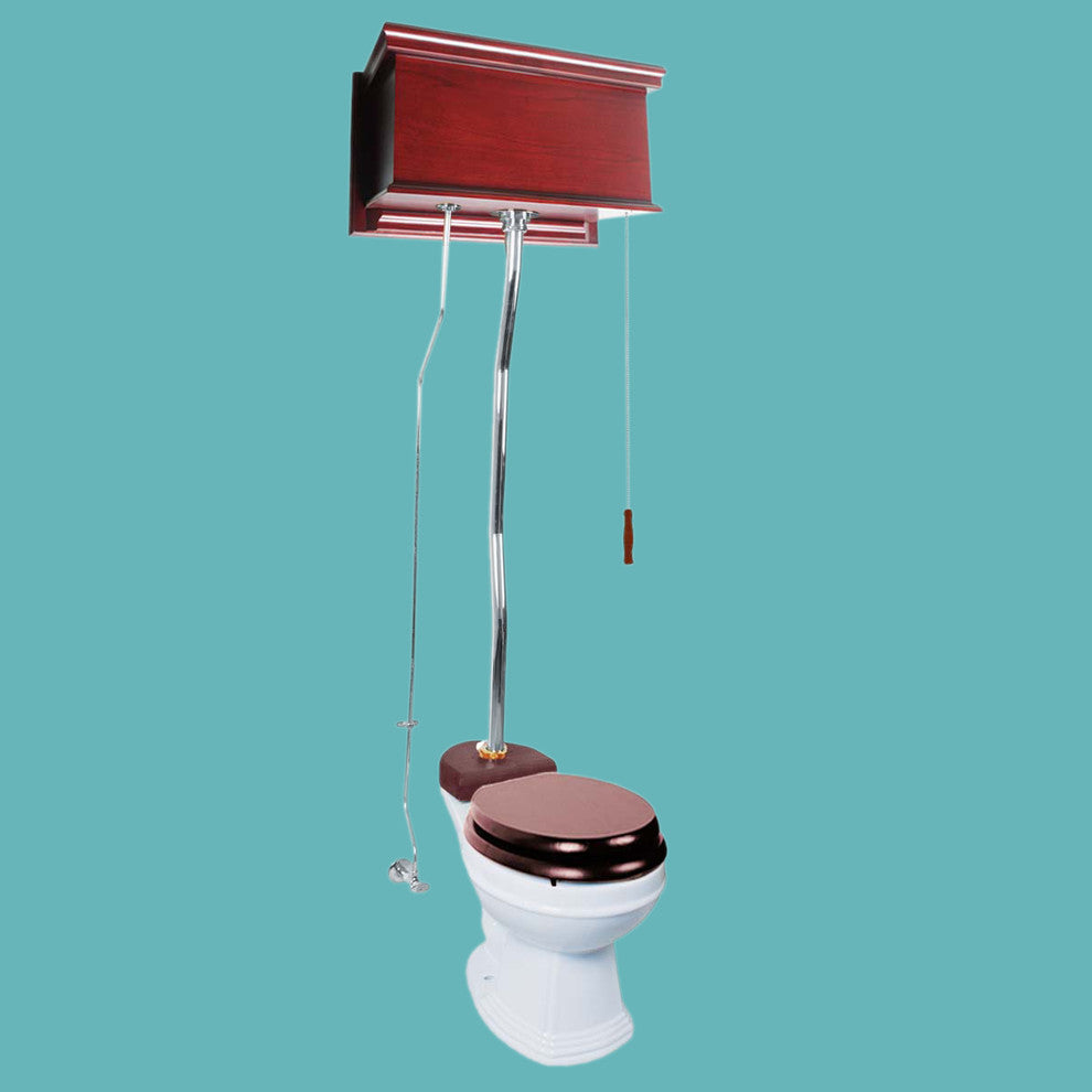 High Tank Toilets White Flat Panel Cherry Finish Round Z-Pipe, White, Chrome, Cherry