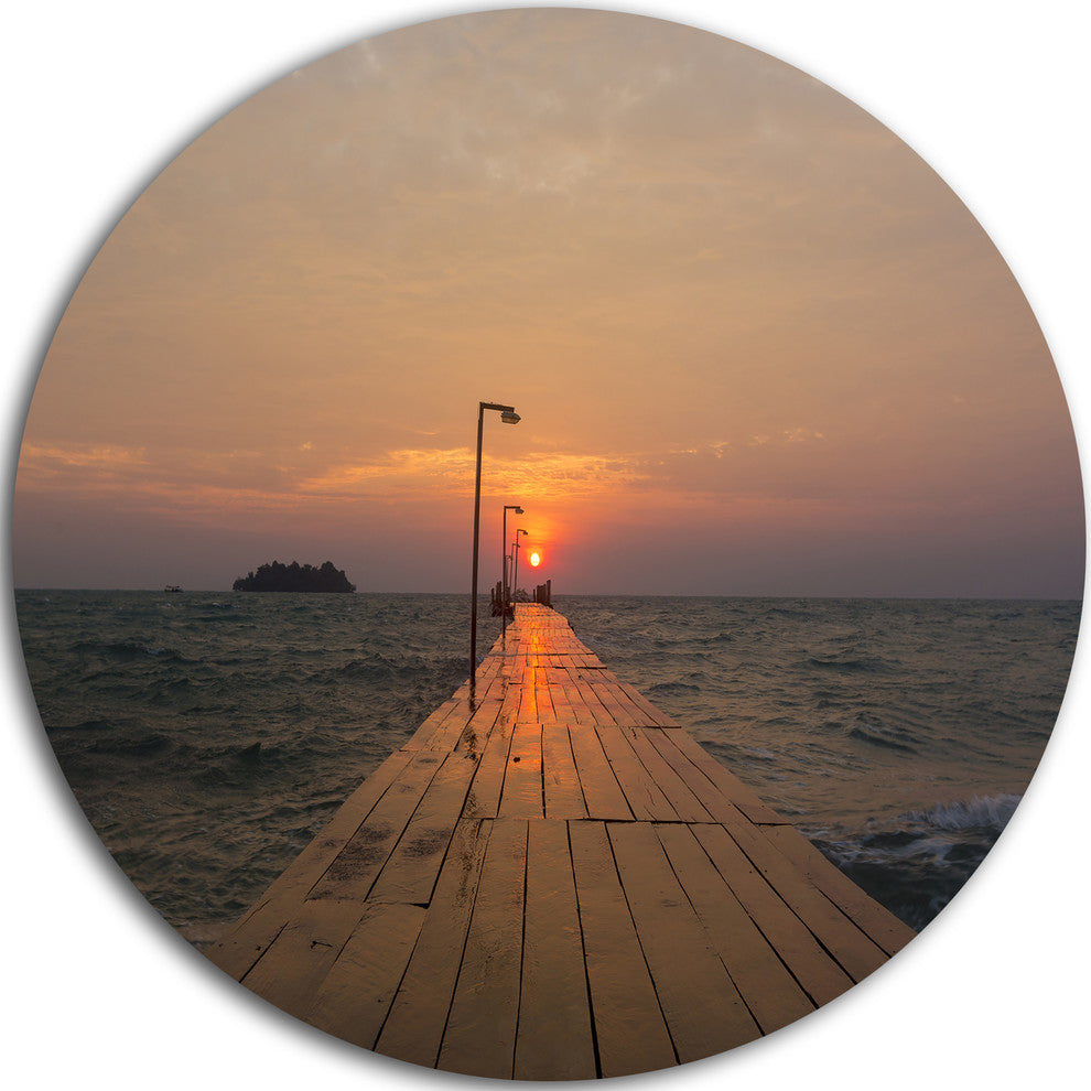 Pier At Koh Rong Island, Modern Beach Round Metal Wall Art, 36"
