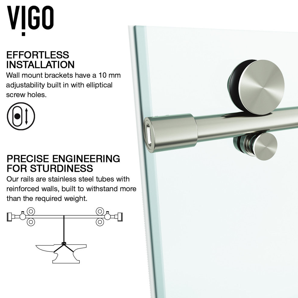 VIGO Elan E-Class 56" to 60" W x 76" H Frameless Sliding Shower Door, Stainless Steel, Clear Glass