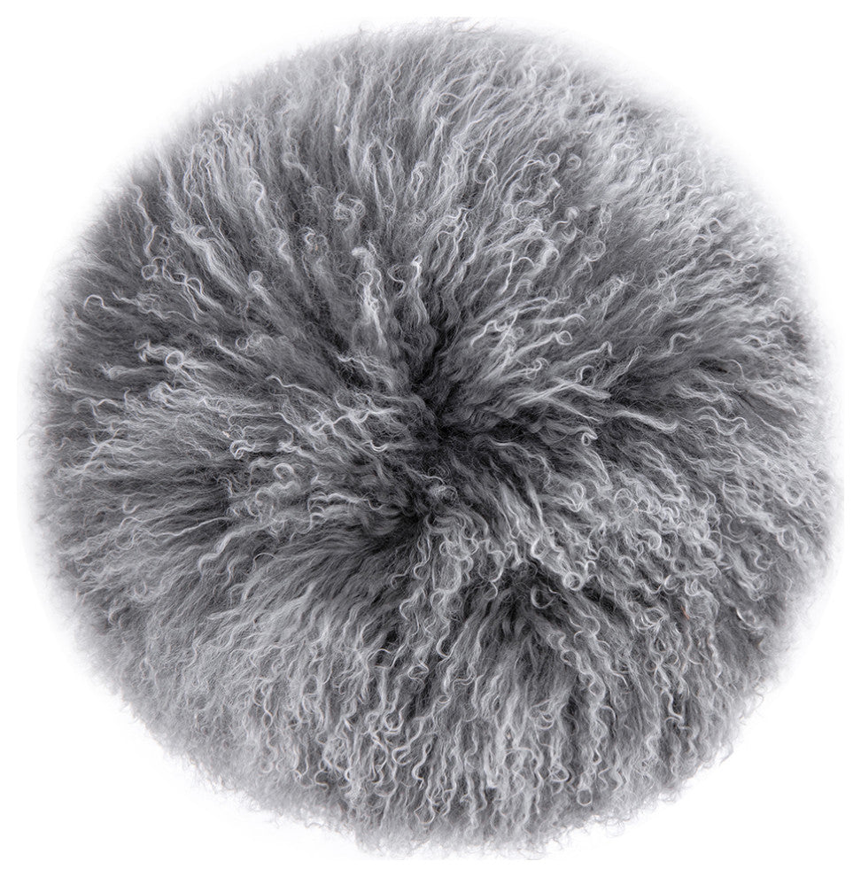 Alberta 16" Mongolian Sheepskin Genuine Fur Round Ottoman, Dimensional Gray