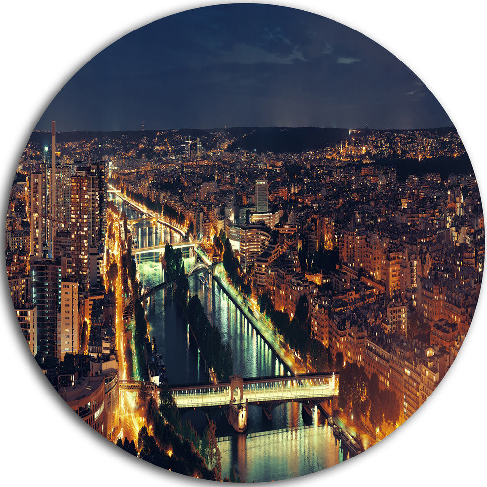 Paris City Night Skyline, Cityscape Photo Round Wall Art, 23"
