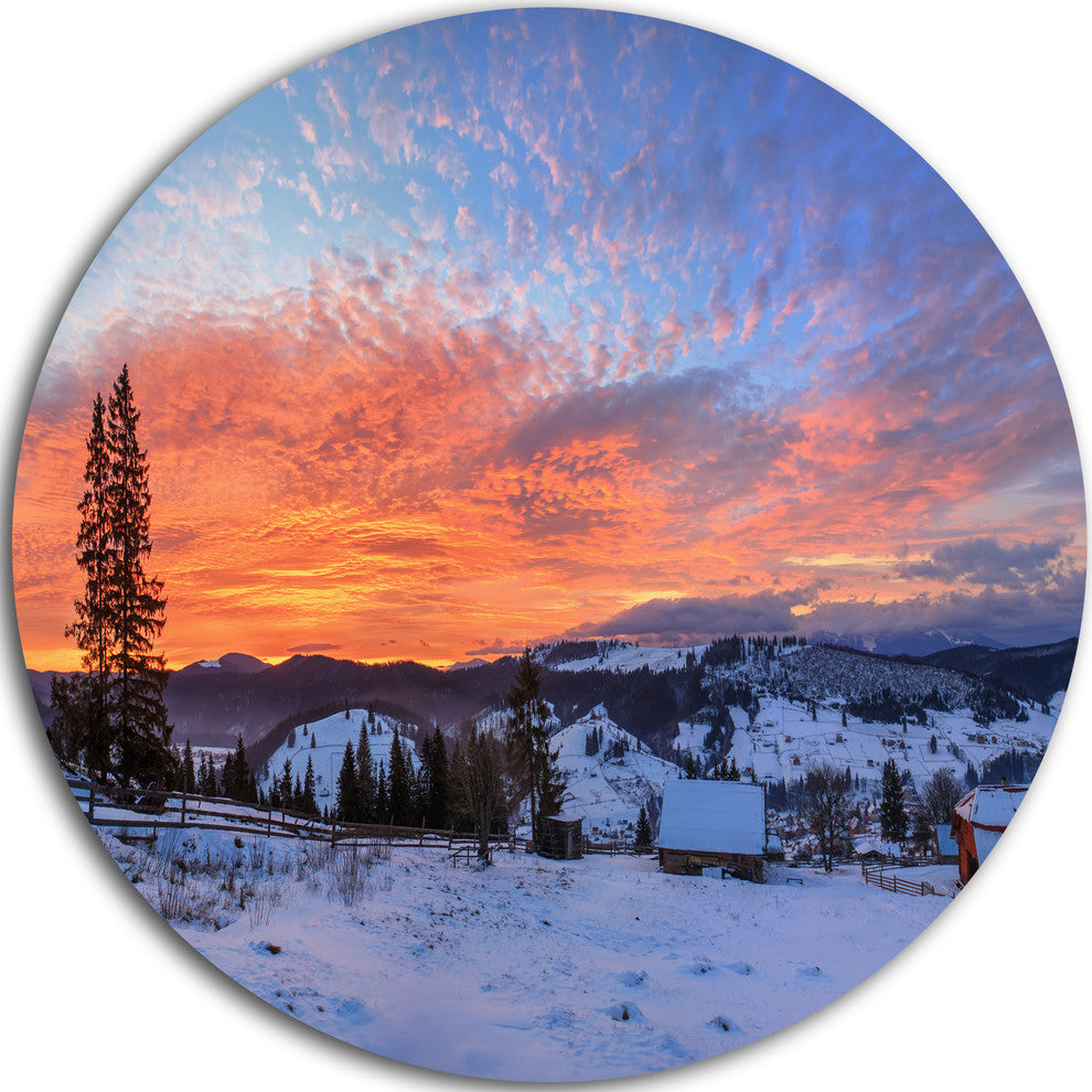 Snowy Colorful Dawn In Mountains, Landscape Round Wall Art, 11"
