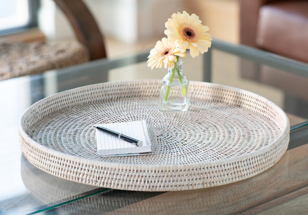 Artifacts Rattan™ Round Serving / Ottoman Tray, White Wash, Medium
