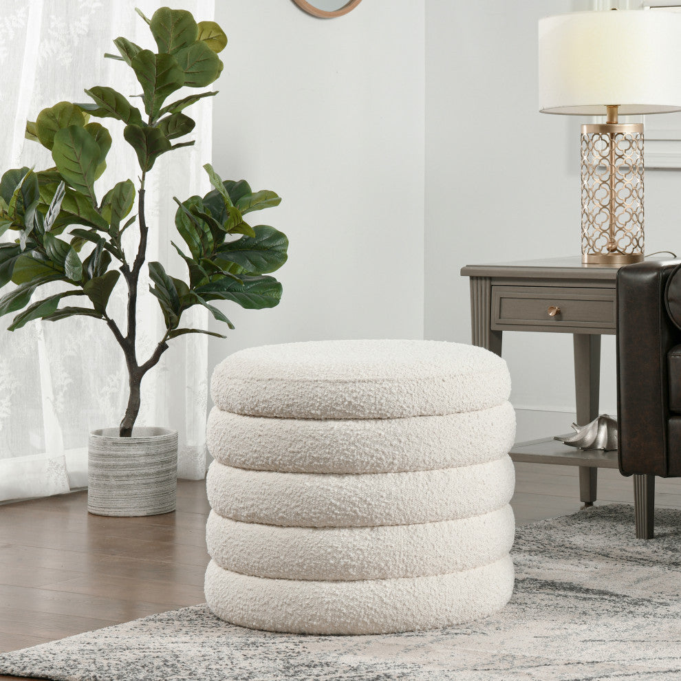 Fuji 19" Oversized Horizontal Tufted Round Storage Ottoman, Ivory White Boucle