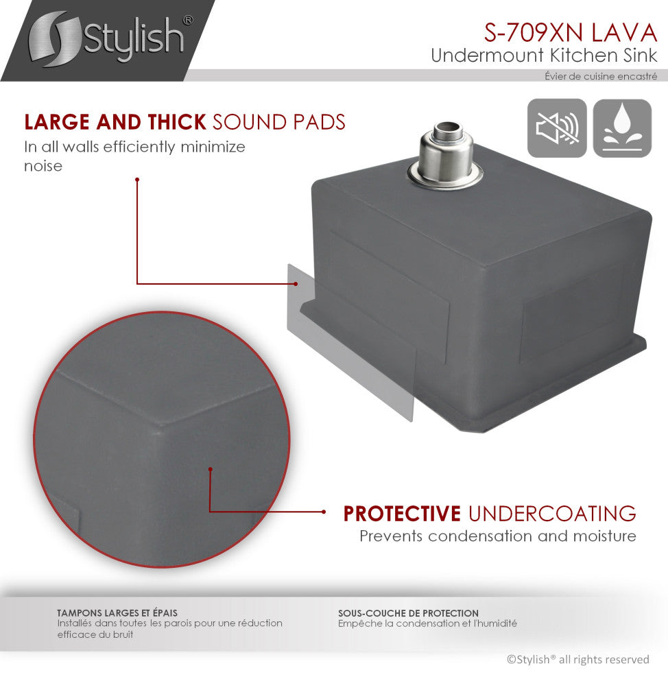 STYLISH 16in Graphite Black Single Bowl Undermount Stainless Steel Kitchen Sink