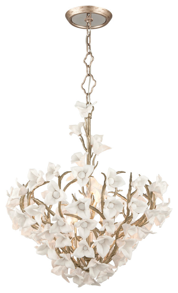 Lily 6-Light Dining Pendant, Enchanted Silver Leaf Finish, Porcelain Flowers