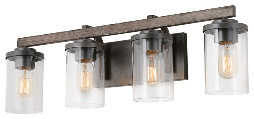 LNC Black Modern Farmhouse Glass-Cylinder Bathroom Vanity Light, 4 Lights, Wood