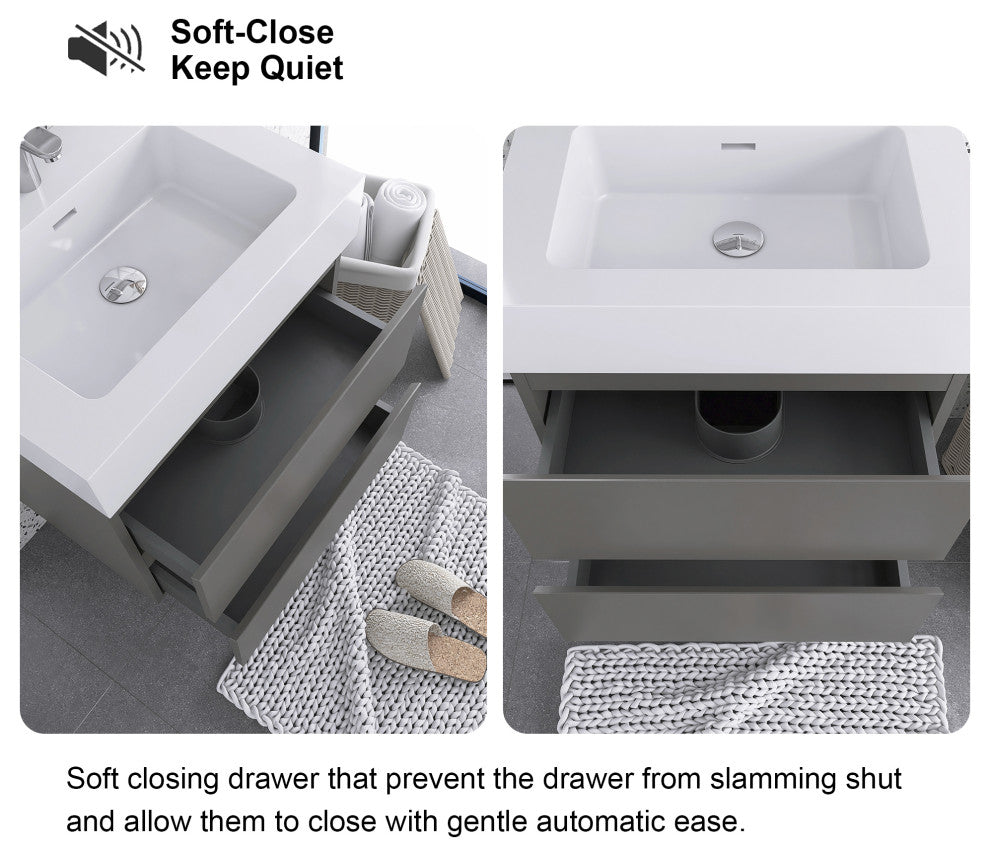 Wood Wall-Mounted Bathroom Vanity Set with Integrated Resin Sink, Grey, 24"