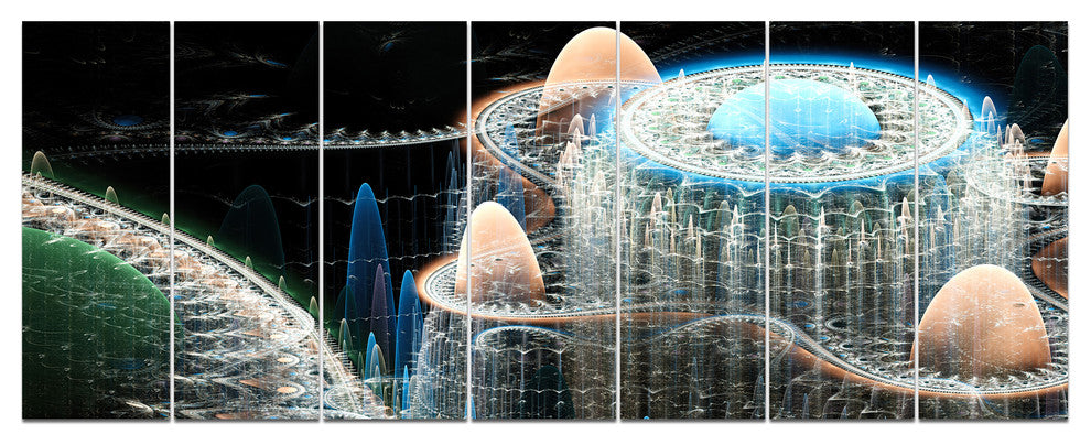 Blue Fractal Infinite World, Abstract Art on Canvas, 83"x32", 7 Panels