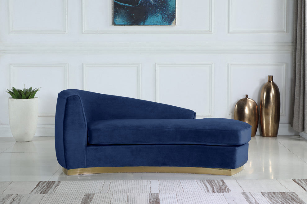 Julian Velvet Upholstered Chaise, Navy, Gold Base