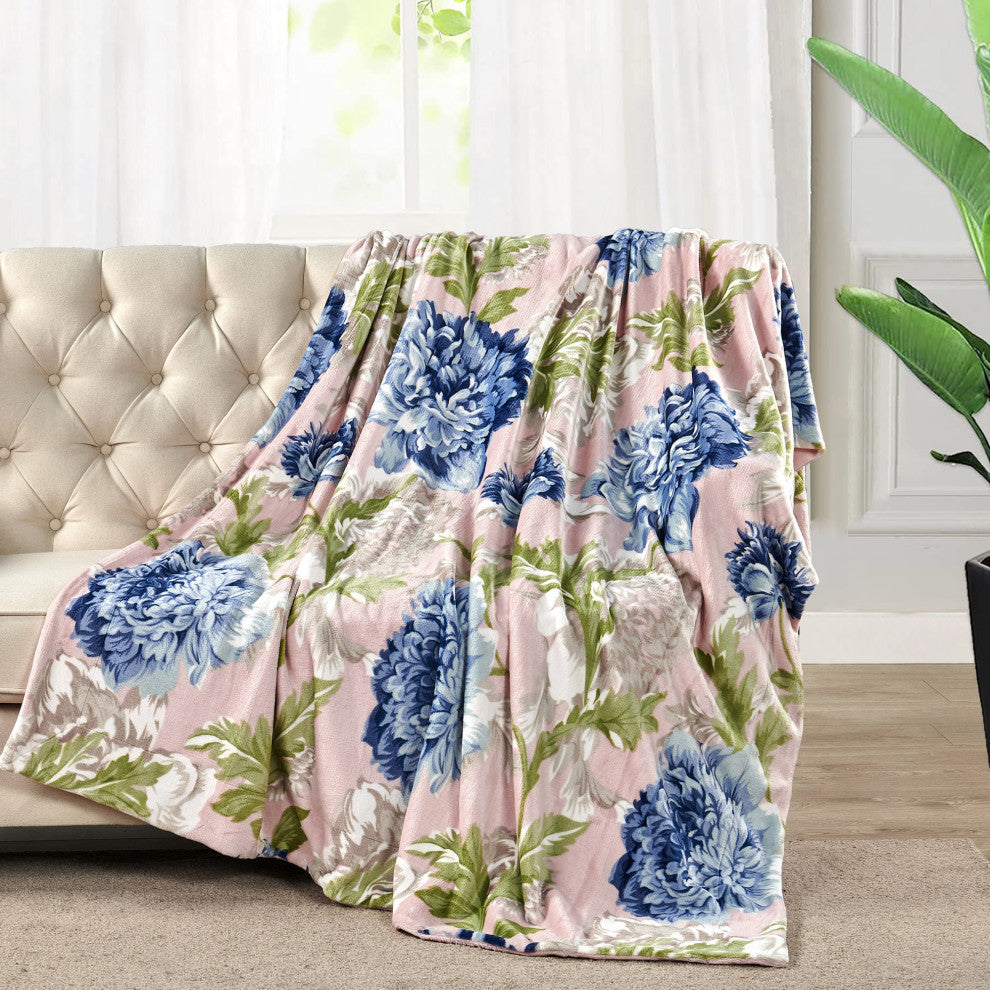 Floral Printed Flannel Throw, Geranium Blue