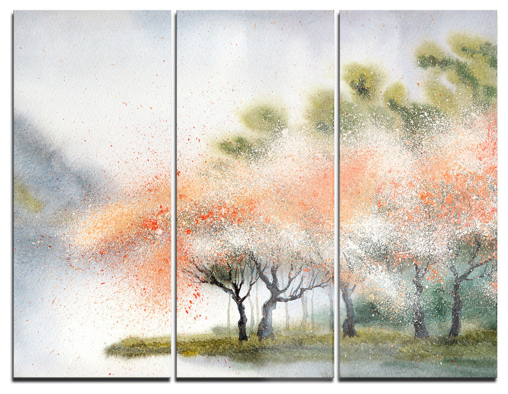 "Trees With Flowers Near River" Metal Wall Art, 3 Panels, 36"x28"