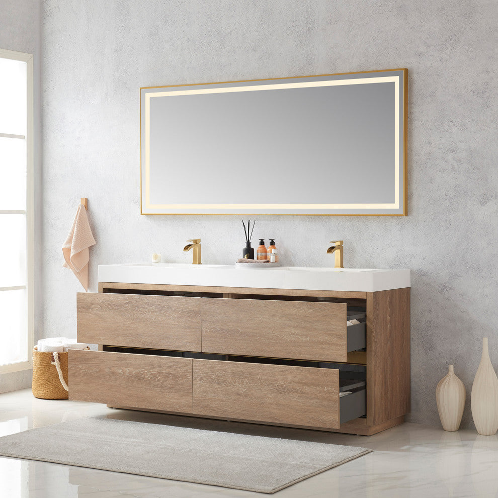Huesca Bath Vanity, Integrated Sink Top, North American Oak, 72", With Mirror