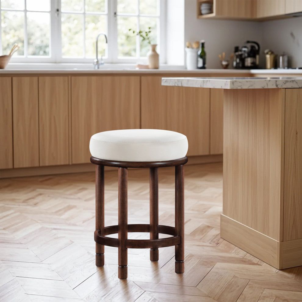 Monette Upholstered Bar and Counter Stool, Cream, Velvet, Brown Finish