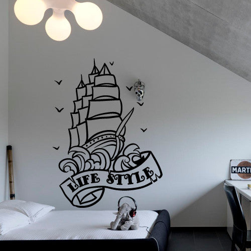 Wall Decal Vinyl Boat Ship Living Room Bathroom Inscription Life Style, 46"x63"