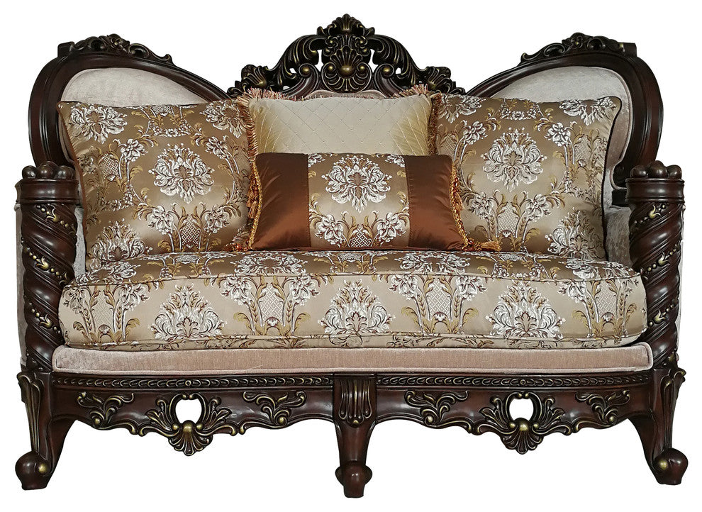 ACME Devayne Loveseat with 4 Pillows, Fabric and Dark Walnut