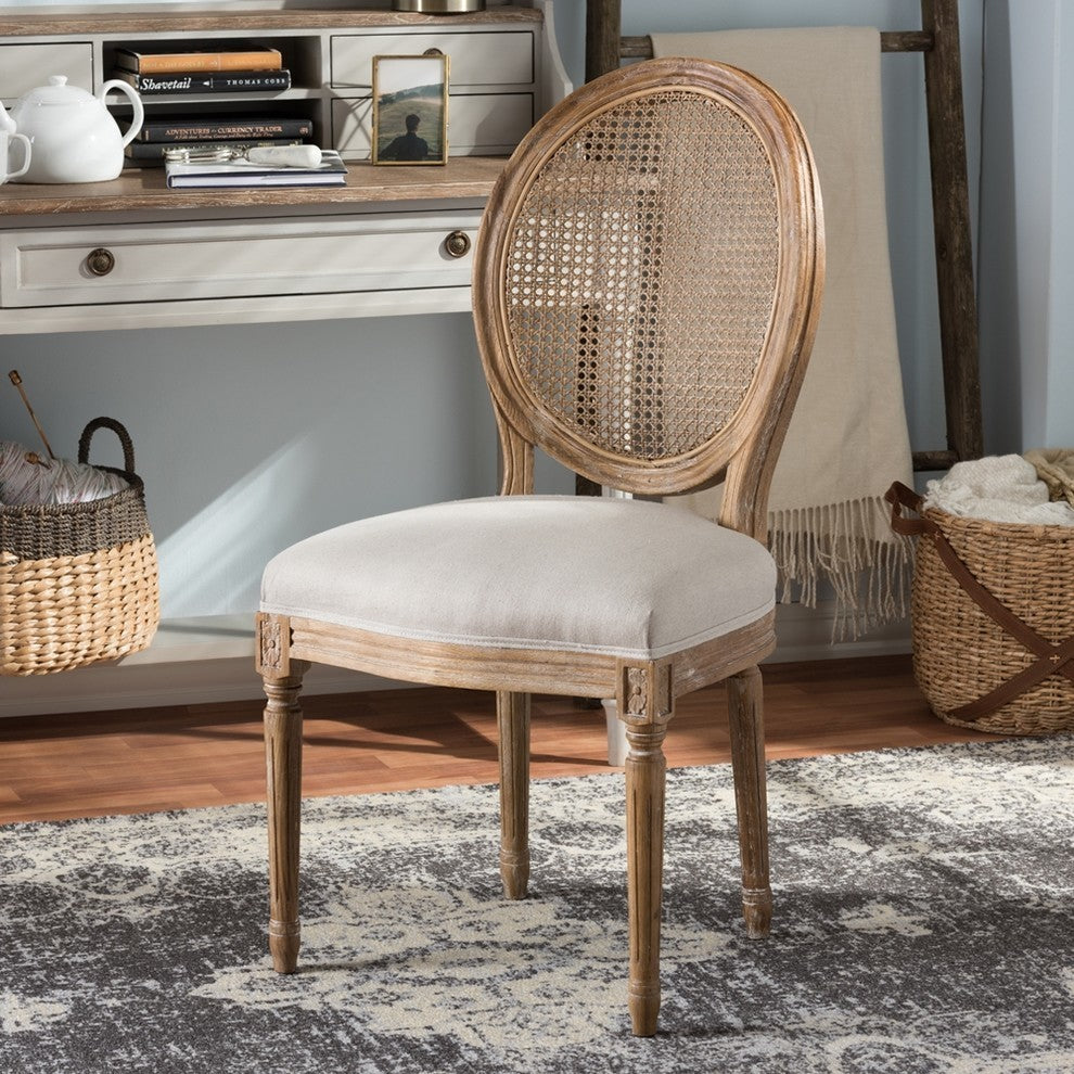 Adelia Oak Finish Wood and Beige Fabric Dining Chair With Round Cane Back