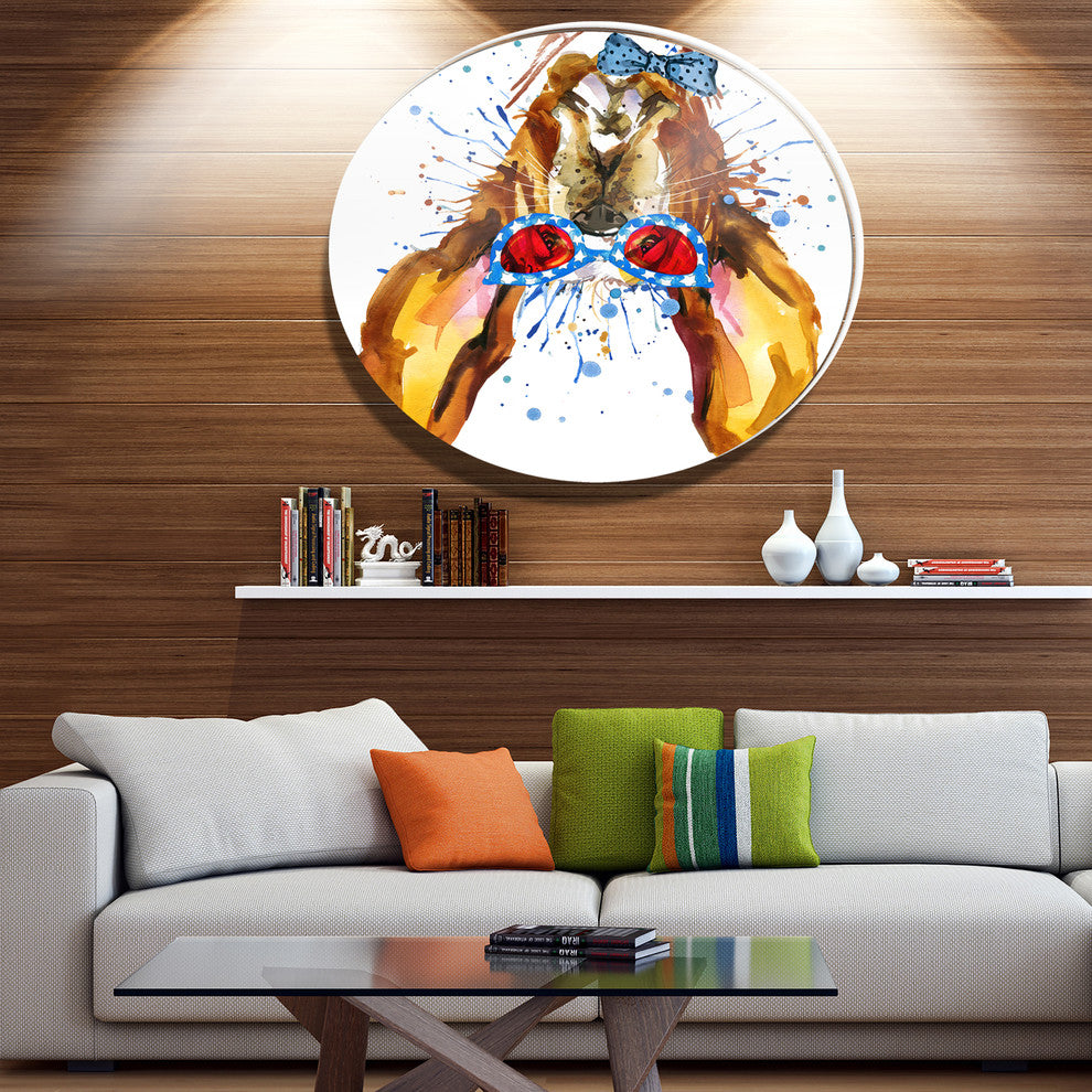 Funny Brown Dog With Glasses, Animal Large Disc Metal Wall Art, 23"