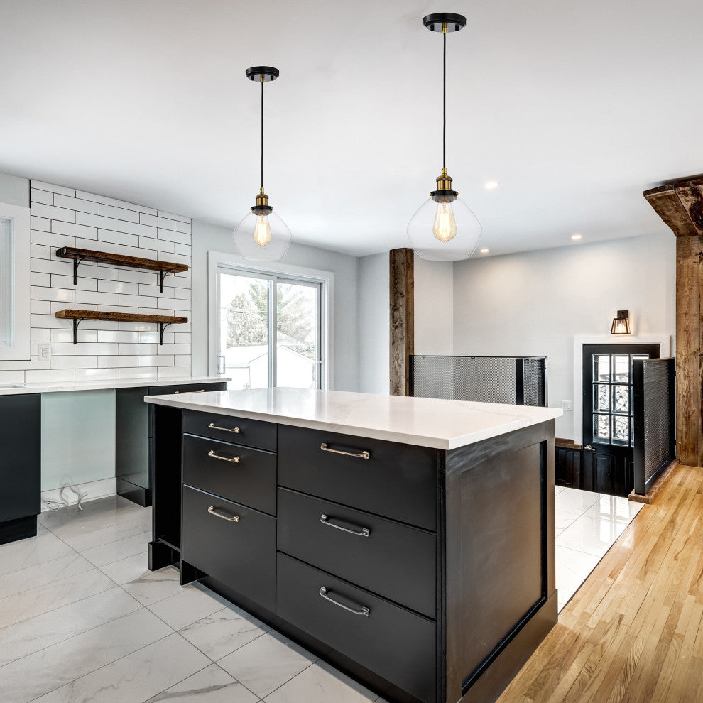 1-Light Black and Antique Brass Mini Pendant Light With Clear Glass Shade