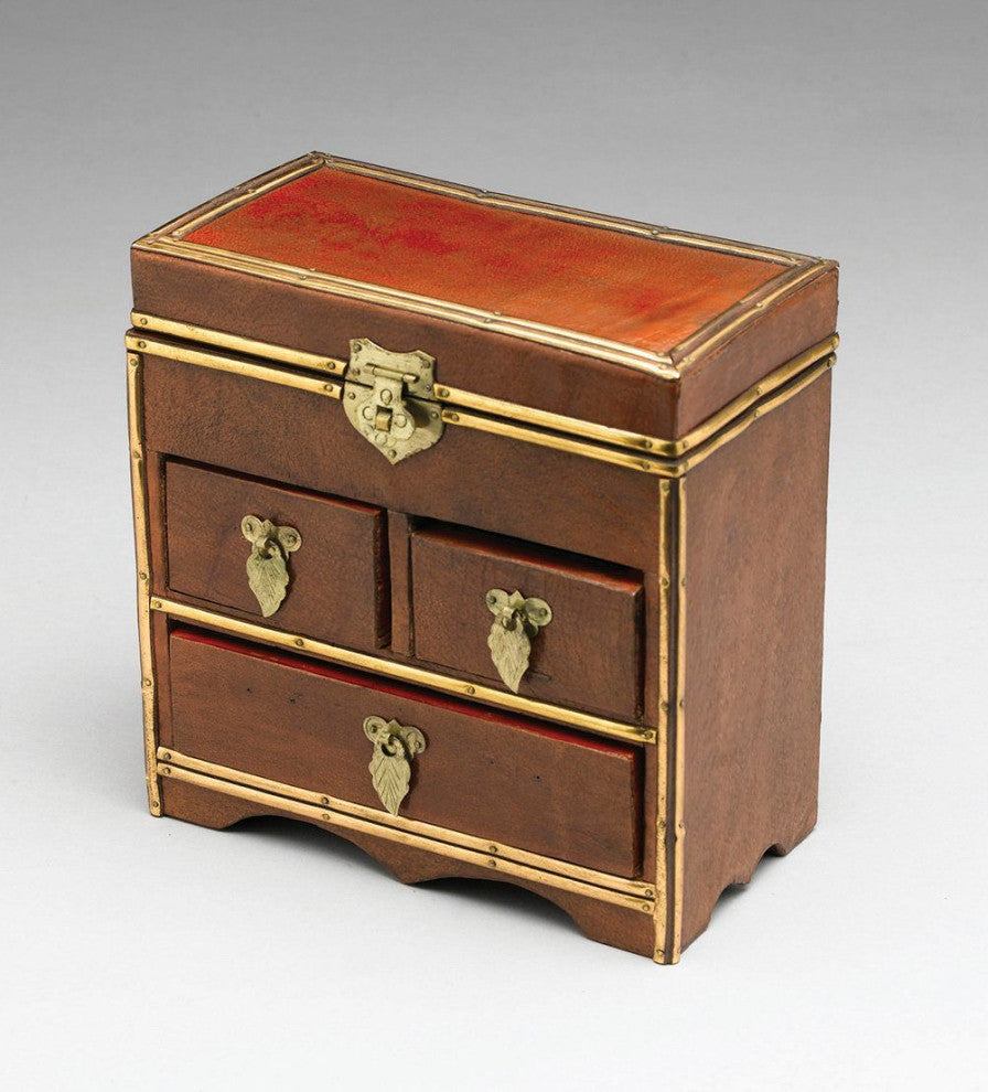 Wooden Lift Top Leather Wrapped Jewelry Box, Brown