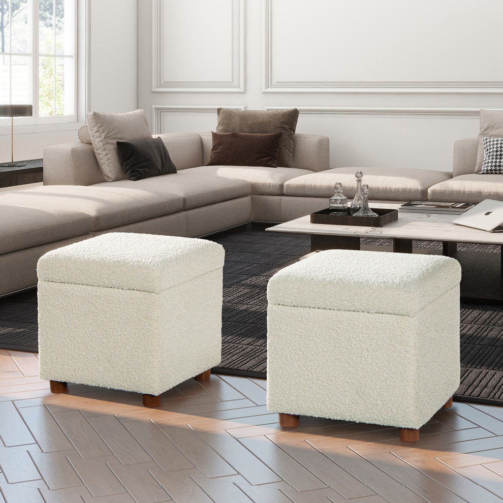 Jacob 18" Storage Cube Ottoman, Ivory White Boucle